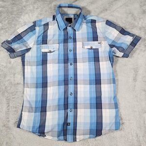 7 Diamonds‎ Shirt Mens Large Blue Plaid Short Sleeve Button Up Snap Pockets Trim